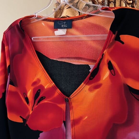 Vintage Floral V Neck Cardigan Shell Single Button Long Sleeve Black Shell - Picture 3 of 4